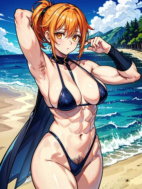 （（（masterpiece、Highest image quality、highest quality、highly detailed unity 8ｋwallpaper）））、（（Illustration of one girl））、（（（beautiful girl）））、（（orange hair、side ponytail、sidelocks：1.4、orange eyes））、（（stocky build, thickset physique：1.3, muscular legs, broad ...