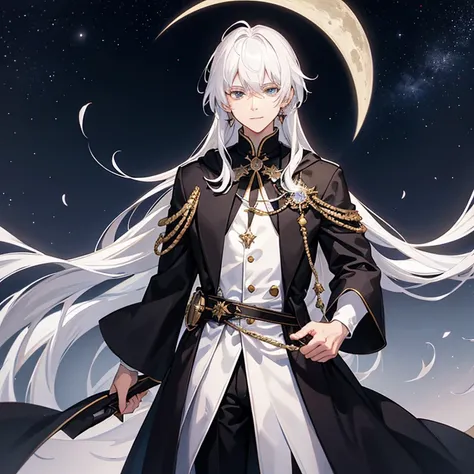 sickle moon，starry sky，prince，Looking up，white hair，Evil smiled，Fantasy，whole body，juvenile，boys，Aloof，black and white robe，medal，Black suit pants，individual，Handsome，Aura