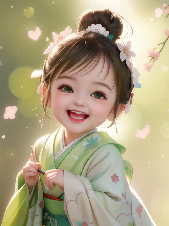 There  a smiling little girl in a green kimono, cute digital painting, cute digital art, Lovely and detailed digital art, Cute kawaii girl, cute characters, cute anime girl, laughing sweetly, Realistic cute girl painting, beautiful figure painting, cute ch...