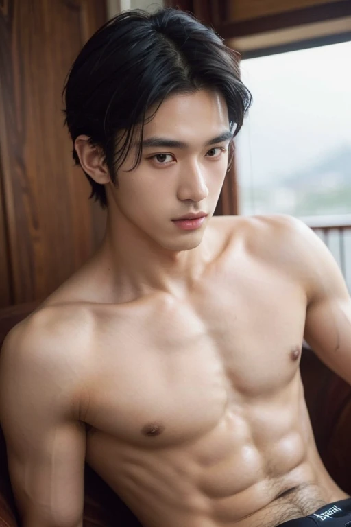 ((High quality)), ((masterpiece)), ((highly detailed)), perfect face, realistic, ((man)), ((indonesian)), young, 20 years old, black hair, comma hair style, ((shirtless)), ((handsome)), detailed eyes, beautiful detailed nose, realistic body, realistic ligh...