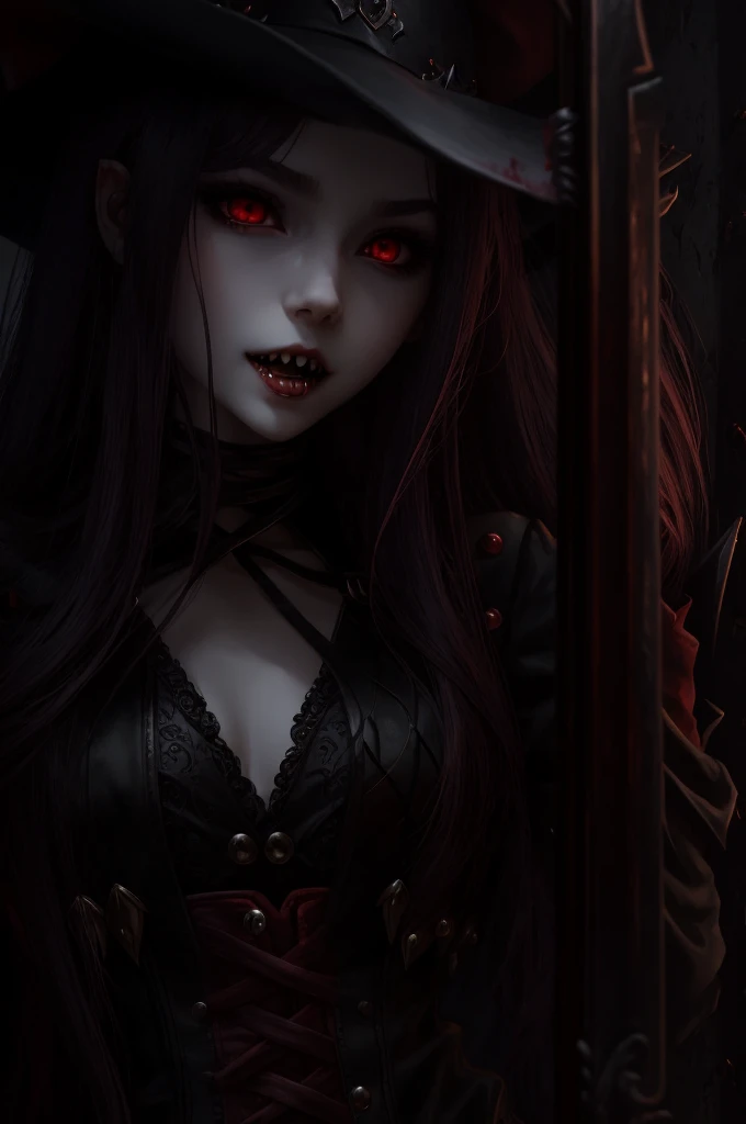 Vampire Girl , Masterpiece, ,(独奏:1.1), a perfect face, (vivid lighting:1.2),beautiful detail eyes, extremely detailed face, perfect  lighting,Masterpiece, Best Quality, 1girl, pale skin, hairlong, 20years old , red eyes, fangs, A glass of blood in his hand...