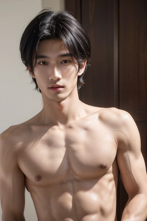 ((High quality)), ((masterpiece)), ((highly detailed)), perfect face, realistic, ((man)), ((indonesian)), young, 20 years old, black hair, comma hair style, ((shirtless)), ((handsome)), detailed eyes, beautiful detailed nose, realistic body, realistic ligh...