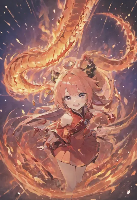 double tail、No single corner、dragon girl、Girl with horns，double tail，light red hair、Girl with two teeth、One-winged devil、devil girl、dragon girl、There  no bright spot in the eyes，Smile，black leg rings，Hong Barren starry sky background