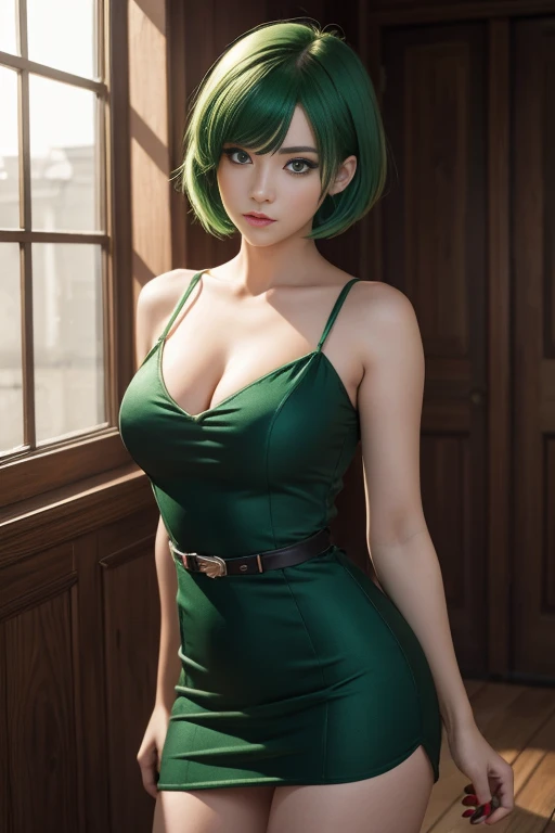 best quality, best resolution, masterpiece, ultra detailed, 1girl, green hair, red eyes, dress, short hair, (solo:1.3),