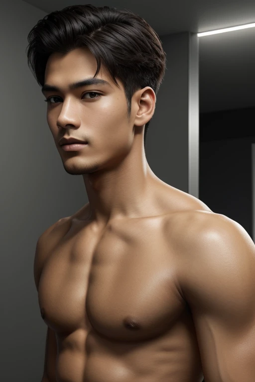 ((High quality)), ((masterpiece)), ((highly detailed)), perfect face, realistic, ((man)), ((indonesian)), young, 20 years old, black hair, comma hair style, ((shirtless)), ((handsome)), detailed eyes, beautiful detailed nose, realistic body, realistic ligh...