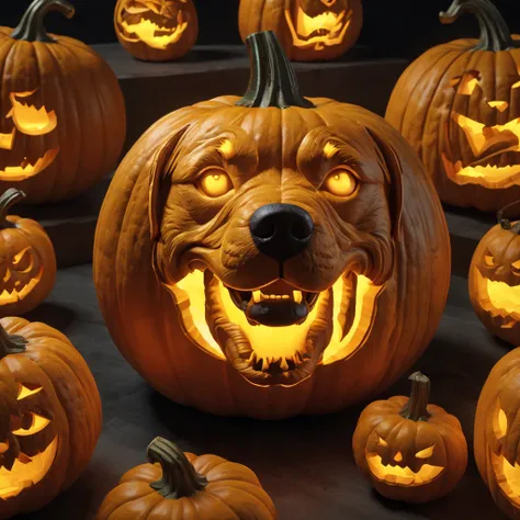 ultra detailed Pumpkin Carvings like dog, colorful luminescence, BREAK high quality render, ultra realistic shadows, photoreal, 8k, photorealistic