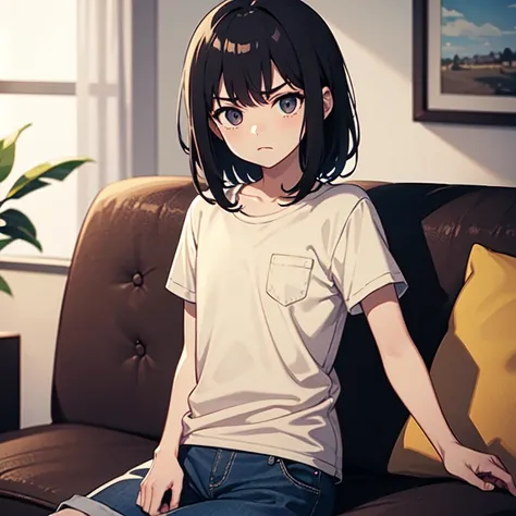 masterpiece, best quality, 1boy, solo, child, dark hair, dark eyes, beige shirt, t-shirt, blue pants, shorts, sitting, living room, couch, frown, looking at viewer 