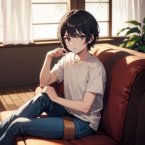 masterpiece, best quality, 1boy, solo, child, short hair, dark hair, dark eyes, beige shirt, t-shirt, blue pants, jeans, sitting, living room, couch, frown, looking at viewer 