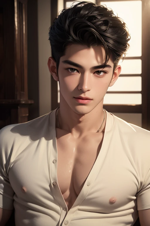 ((High quality)), ((masterpiece)), ((highly detailed)), perfect face, realistic, ((man)), ((Asian)), full body, young, 20 years old, black hair, comma hair style, ((handsome)), detailed eyes, beautiful detailed nose, realistic body, realistic light, comfor...