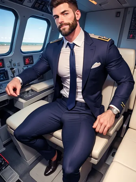 portrait, Hot pilot, airplane, formal shirt, tight trouser, tie, muscular, beefy, formal wear, tight clothes, fully clothed, hairy arms, beard, cute, full body, well built, intricate details