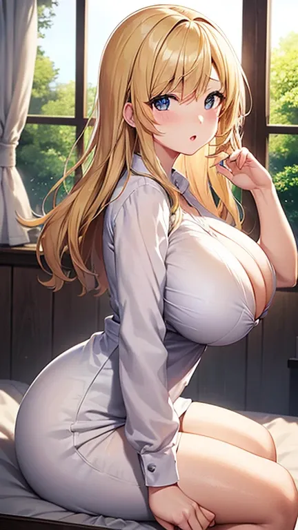 a beautiful woman with big breasts, Ecchi Body、cute look、anime style、girl&#39;s room、Summer countryside background through the window、neat clothes、blonde、Girl in the middle、night