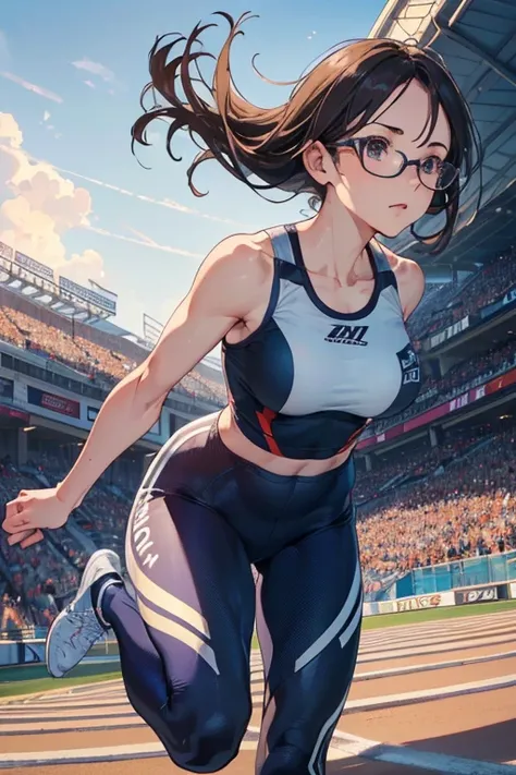 1 girl, ((Mature woman jumping hurdles towards viewers on track:1.3, dynamic action pose:1.2, Extend your left leg straight towards the viewer:1.2, leaning forward, sprinting at full speed:1.2, Athletic competition:1.2)), Wearing white sport leggings and a...