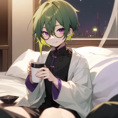 A shota boy,green hair,short hair,wearing a black circle glasses,two green antenna,purple eyes,cute,white skin,sitting on the bed,innocent,smiling,night in shanghai,hold a cup of wine