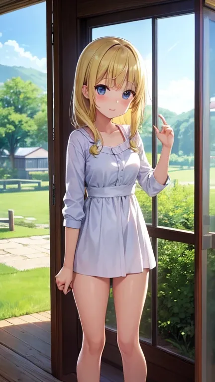 beauty, ecchi body、cute look、anime style、girlの部屋、summer countryside background through the window、cute outfit、blonde、middle、girl...