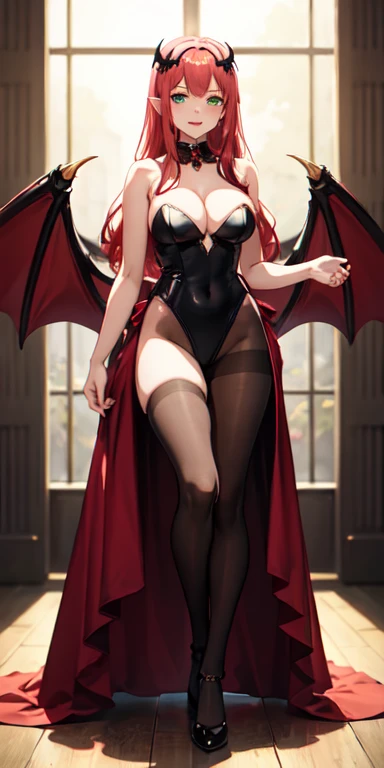 ((best quality)), ((masterpiece)), (detailed), perfect face , full body anime picture of a green eyed red haired vampire princess , green eyes , pink hair , gown . pantyhose , leotard , sleeveless , strapless , cleavage window , long hair , vampire , vampi...