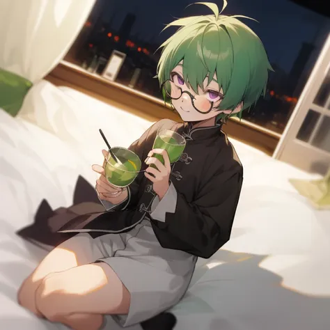 A shota boy,green hair,short hair,wearing a black circle glasses,two green antenna,purple eyes,cute,white skin,sitting on the bed,innocent,smiling,night in shanghai,hold a cup of wine,blush