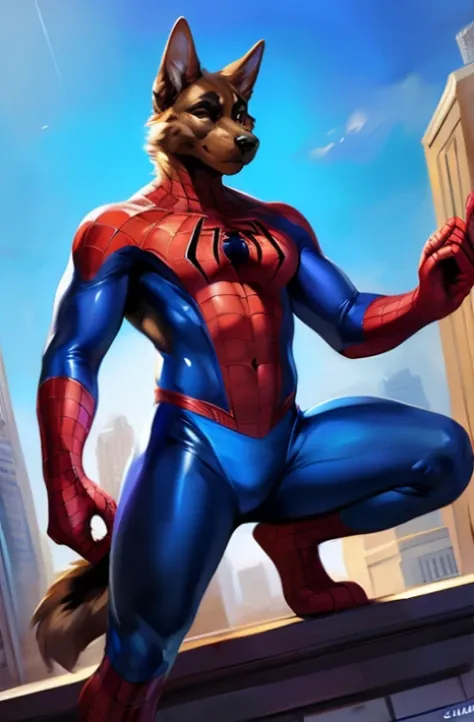 solo, german shepherd, overweight, wearing red and blue spiderman, spiderman spandex costume, classic spiderman suit print, unmasked, no masked, full body view, frontal shot, at top of building rooftop, by darkgem by chunie by juiceps, digital art, comic a...