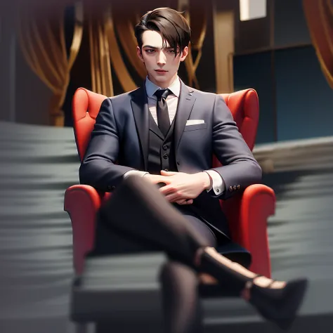 arafed man in a blue suit sitting in a red chair, luxurious suit, high quality suit, 3-piece-suit, handsome and elegant, blue su...