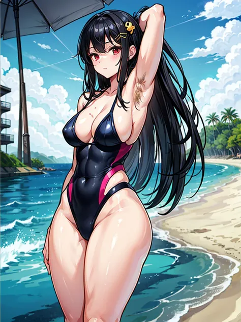 （（（masterpiece、Highest image quality、highest quality、highly detailed unity 8ｋwallpaper）））、（（Illustration of one girl））、（（（beautiful girl）））、（（black hair、Very Longhair、straight、golden hair ornament、red eyes、sanpaku：1.6））、（tall、stocky build：1.3, thickset phy...