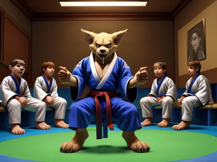 A group of young boys wearing black kimono, barefoot and entranced, in a judo class under the watchful gaze of their evil teacher. Their minds have been twisted and manipulated, as they sit, drooling and mesmerized, their nice paws with short claws twitchi...