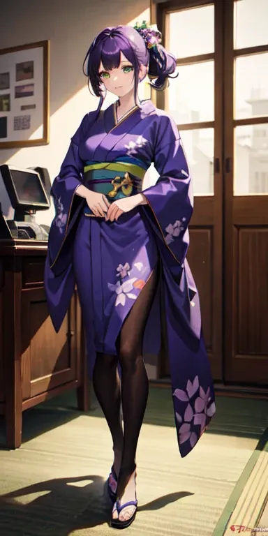 ((best quality)), ((masterpiece)), (detailed), perfect face , full body anime picture of a green eyed purple haired sewing student , green eyes , purple hair , kimono . pantyhose , purple kimono