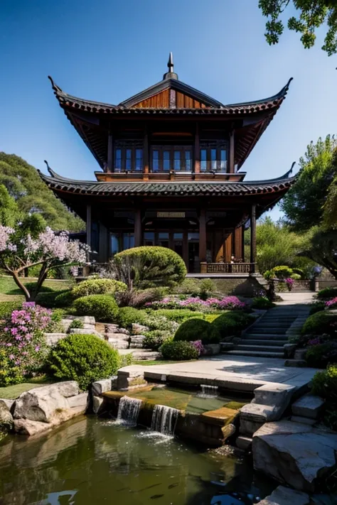 absurd, highres, ultra detailed, beautiful, masterpiece, best quality,Ancient temples, lush gardens, bright colors, quiet ponds, traditional architecture, cherry blossoms