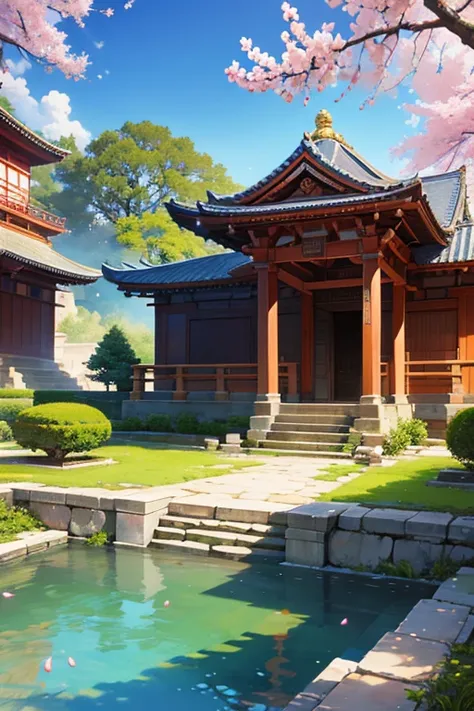 absurd, highres, ultra detailed, beautiful, masterpiece, best quality,Ancient temples, lush gardens, bright colors, quiet ponds, traditional architecture, cherry blossoms