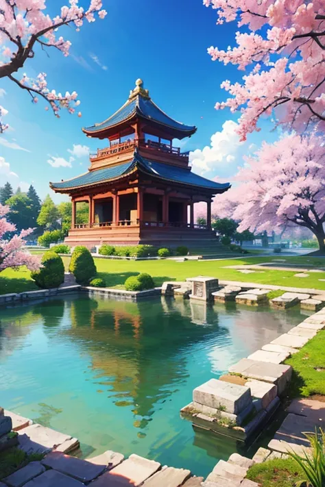 absurd, highres, ultra detailed, beautiful, masterpiece, best quality,Ancient temples, lush gardens, bright colors, quiet ponds, traditional architecture, cherry blossoms