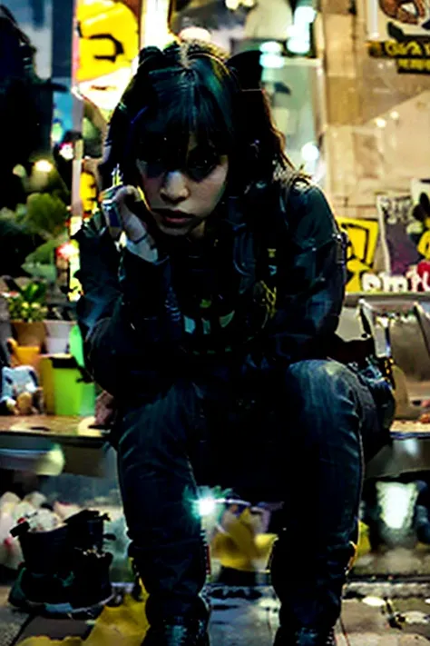 bored latina sits on front steps. she is wearing a batman shirt, jeans, and boots. a cigarette hangs from her lips. Her head is resting on her hands. Her arms are resting on her knees. full body shot, zoomed out. 