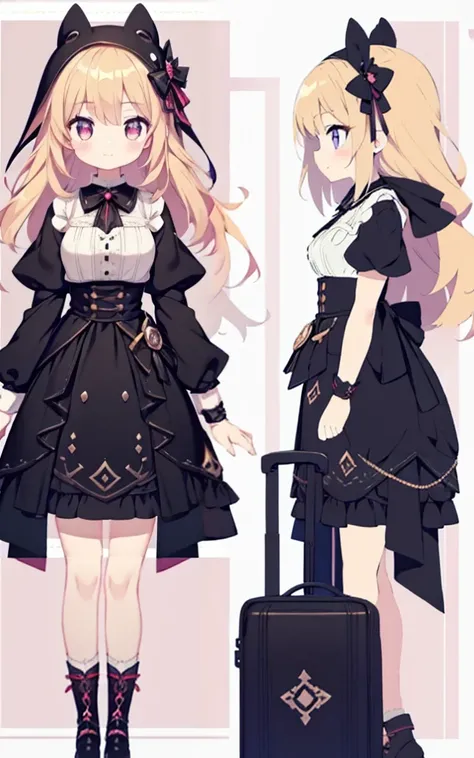 character sheet,character reference sheet, 1 girl, character design sheet, ((Front view, side view)) symmetrical elements in clothing,same character, Clothes simulation detection similar to CLO, Awesome designer, Full body Esbian,Goth loli style, girl imag...