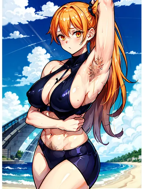 （（（masterpiece、Highest image quality、highest quality、highly detailed unity 8ｋwallpaper）））、（（Illustration of one girl））、（（（beautiful girl）））、（（orange hair、side ponytail、sidelocks：1.4、orange eyes））、（（stocky build, thickset physique：1.3, muscular legs, broad ...