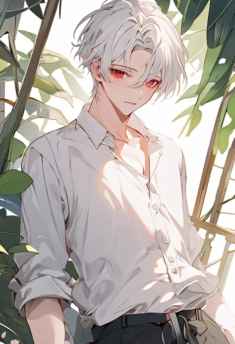 A boy with short white hair, red eyes, pale skin, handsome, attractive, wearing a white loose shirt. ((High quality of Anime)), ((Soft))