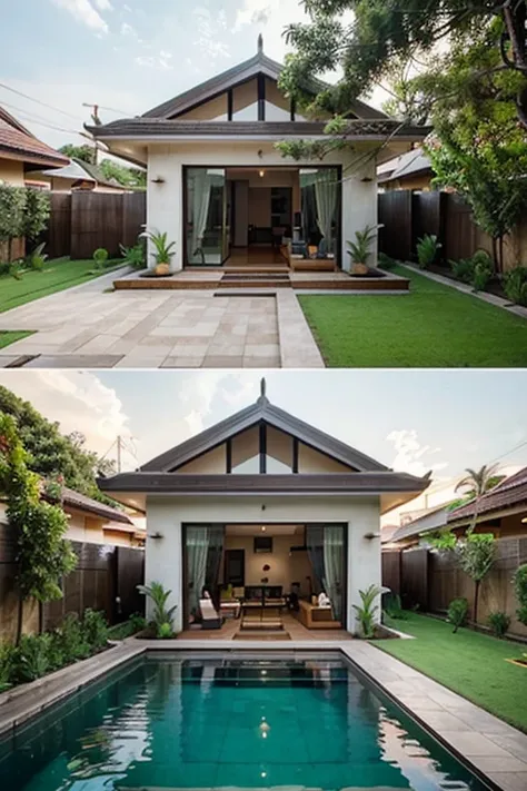 A modern Thai-roof bungalow has a luxurious garden, a small swimming pool, a cool house on the side, and 2 children playing in the front yard.