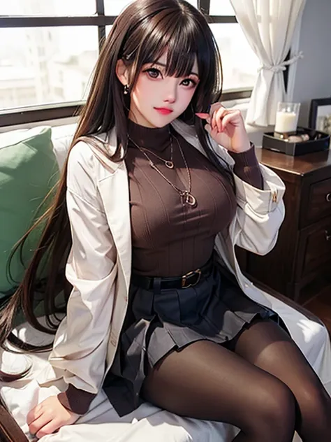 (((best quality))), 1 girl, brown hair, sweater, jacket, , purple eyes, long hair, default skin, skirt, even, , necklace, sittin...