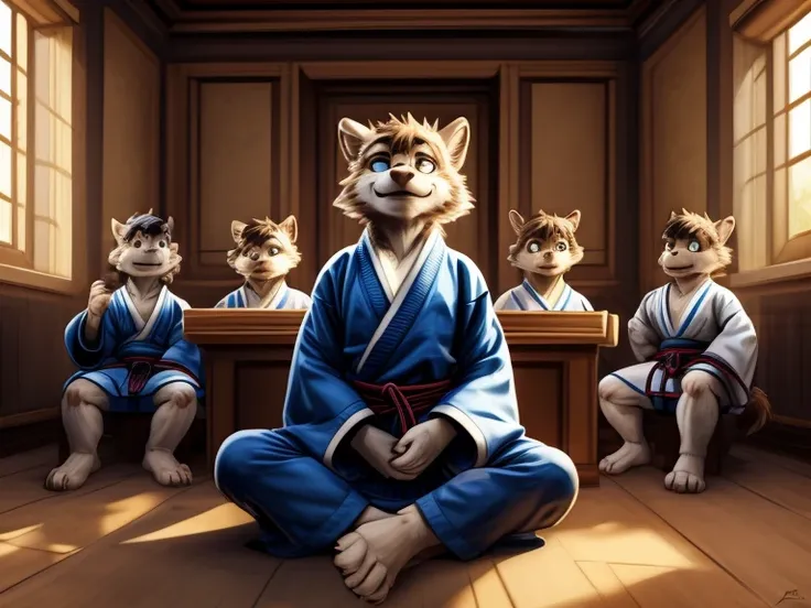 A group of young boys wearing black kimono, barefoot and entranced, in a judo class under the watchful gaze of their evil teacher. Their minds have been twisted and manipulated, as they sit, drooling and mesmerized, their nice paws with short claws twitchi...