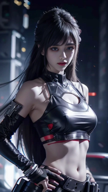 cyberpunk，Cover your tummy with your hands，Cover your belly button，bleeding from the corners of her mouth，Injuried，Bleeding from the navel，There  blood on the body，fighting stance，Navel-baring combat jacket，clothes in tatters，4K HD