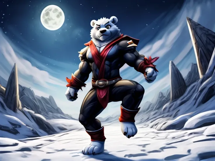 As the ice bear ninja prowls through the frozen tundra, their powerful paws leave deep imprints in the snow. Their focused mind is honed in on their target, ready to use their hypnotic abilities to defeat their enemies. Dressed in a sleek black leather out...