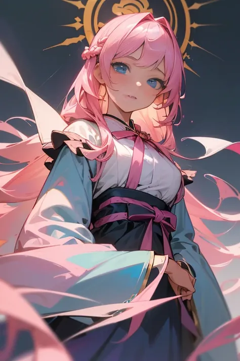 (finely detailed beautiful eyes and detailed face,masterpiece sidelighting,masterpiece,best quality,detailed,high resolution illustration),, (1girl,whole body,bishoujo,lustrous skin,looking down,looking at viewer),, (pink hair,blue eyes,ribbon,hanbok, kore...