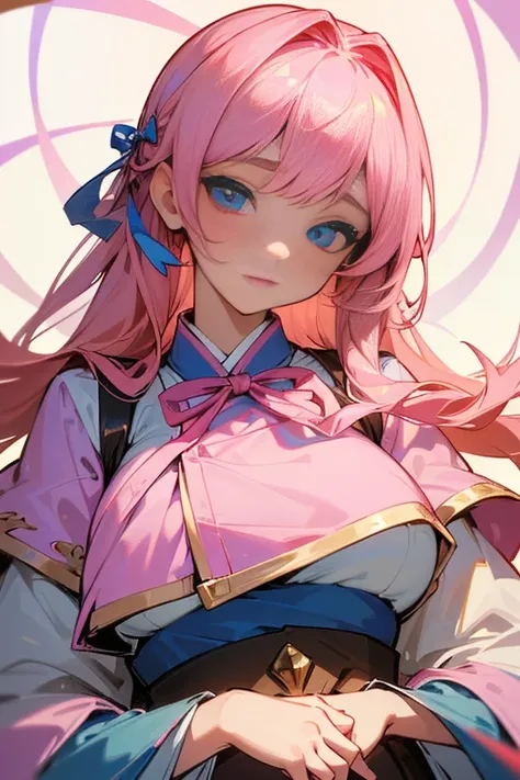 (finely detailed beautiful eyes and detailed face,masterpiece sidelighting,masterpiece,best quality,detailed,high resolution illustration),, (1girl,whole body,bishoujo,lustrous skin,looking down,looking at viewer),, (pink hair,blue eyes,ribbon,hanbok, kore...