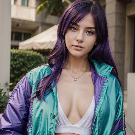 Beautiful realistic young girl with green eyes and bright purple hair in a Gucci jacket