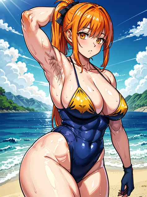 （（（masterpiece、Highest image quality、highest quality、highly detailed unity 8ｋwallpaper）））、（（Illustration of one girl））、（（（beautiful girl）））、（（orange hair、side ponytail、sidelocks：1.4、orange eyes））、（（（stocky build, thickset physique：1.3, muscular legs, broad...