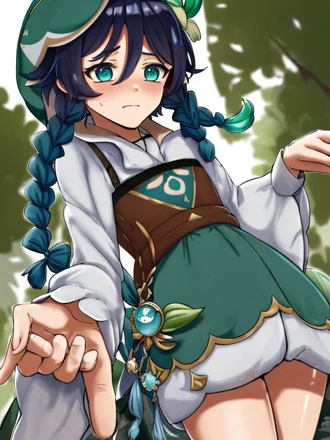 Venti, genshin impact, cute, blue braids, green hat, small penis, shy, tiny penis 