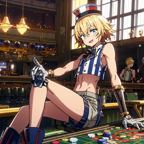 post-apocalyptic, playful open mouth smile anime boy late teen, blonde, robotic arm, wavy short hair, light muscles, small top hat, black crop top pinstripe sleeveless suit jacket, black pinstripe dress shorts, white high socks, black boots, sitting on a l...