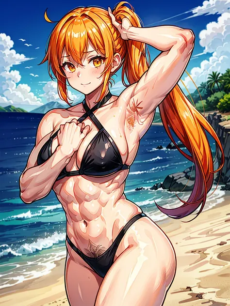 （（（masterpiece、Highest image quality、highest quality、highly detailed unity 8ｋwallpaper）））、（（Illustration of one girl））、（（（beautiful girl）））、（（orange hair、side ponytail、sidelocks：1.4、orange eyes））、（（（stocky build, thickset physique：1.3, muscular legs, broad...