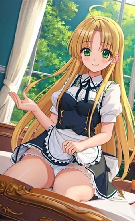 Asia　Beautiful long blonde hair　green eyes　Maid clothes　mini skirt　white panties　smile