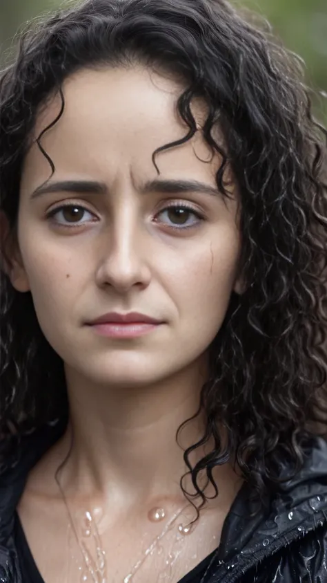 Close-up HD realistic portrait, of a tired exhausted grimmy 35 years old woman talking to the camera while being drenched in the rain, extremly realistic skin texture, thin lips, dripping long black curly hair, 128k resolution