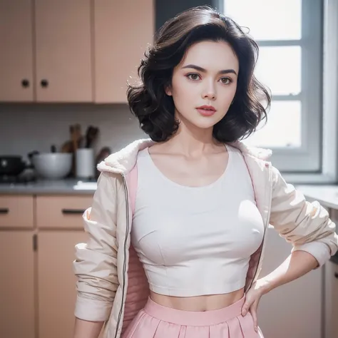 gorgeous cute Austrian girl, (crop  top), black hair loose  hair, wears a pink top , pink boots, standing in kitchen, white fluffy clothes, short skirt and long jacket  , looking back towards camera , perfectly symmetrical face, realistic detailed skin, 4k...