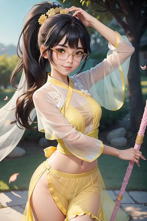 Beautiful girl, black hair in a ponytail, bangs, hair accessory, wearing glasses, bright smile, small breasts, slim waist, ((wearing a (see-through) hanfu with intricate layers of details (pastel yellow))), outfit Swaying in the wind, holding a green jade ...