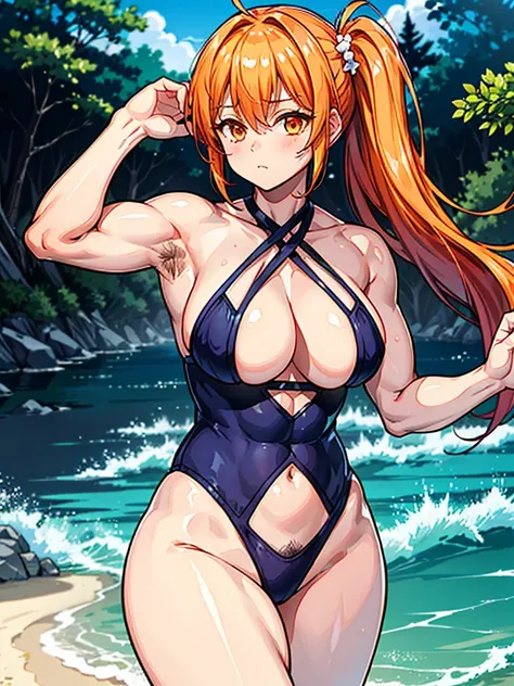 （（（masterpiece、Highest image quality、highest quality、highly detailed unity 8ｋwallpaper）））、（（Illustration of one girl））、（（（beautiful girl）））、（（orange hair、side ponytail、sidelocks：1.4、orange eyes））、（（（stocky build：1.3, thickset physique：1.3, muscular legs, b...