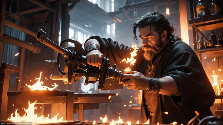 "Create a high-resolution image that depicts an old dwarf blacksmith in his forge. The dwarf is hammering hard on a blade fresh from the fire as sparks of hot metal fly through the air. The scene is illuminated by the intensity of the heat from the forge ,...